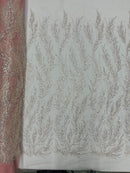 Clear Beaded Fabric Pink Mesh by the yard, Bridal beaded Damask With Beads and Sequin