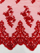 Red Beaded Fabric - Floral Beads and Sequins Embroidered on a Mesh Sold By Yard