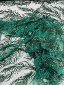 Hunter Green Beaded Fabric by the yard, Bridal beaded, Damask Pattern With Beads and Sequin