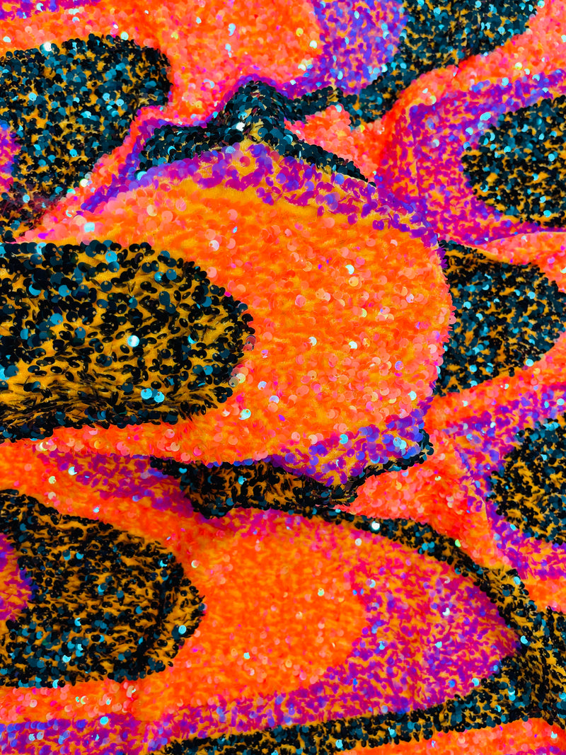 Orange Magenta Green Wavy Line Design Velvet Sequins - Velvet Sequins Fabric 2 Way Stretch 58"- 60" By Yard