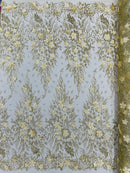 Flower 3D Glitter Fabric - Gold - Embroidered Floral Sequin Fabric by Yard