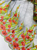 Red Sunflower Lace 3D Fabric - Black Mesh Sunflower Lace Design Sold By Yard