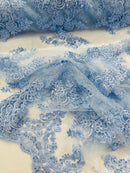 Baby Blue Beaded Fabric - Floral Beads and Sequins Embroidered on a Mesh Sold By Yard