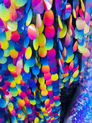 Oval Jumbo Paillette Sequins - Multi Color Iridescent on Black - Big Oval Paillette Sequins Design Fabric By Yard