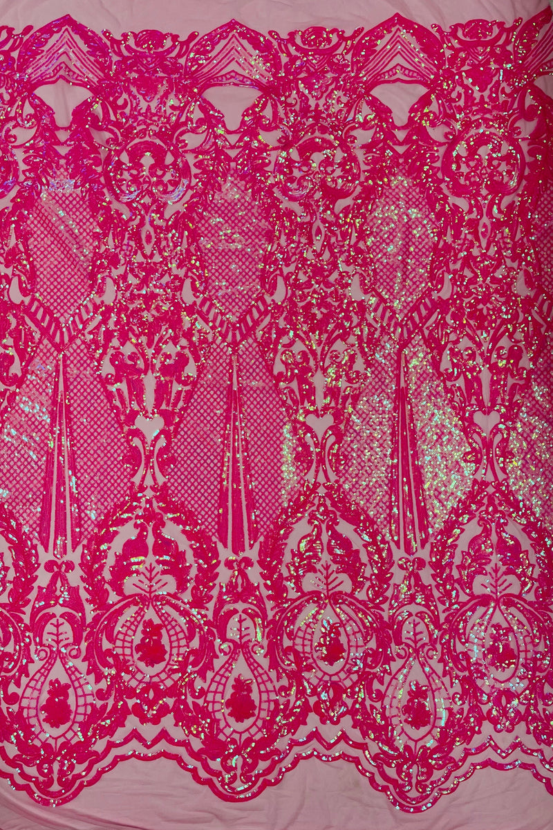 Iridescent Sequins Fabric - Damask Sequin Design on 4 Way Stretch Fabric By Yard