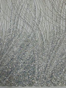 Beaded Embroidered Fabric - Silver - Embroidered Pattern Fabric By Yard