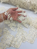 Beaded Fabric Sold By The Yard, Floral Beads and Sequins Embroidered on a Mesh