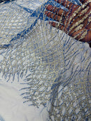 Beaded Embroidered Fabric -Royal Blue - Embroidered Heart and Feather Pattern Fabric By Yard