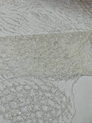 Beaded Embroidered Fabric - Crear White - Embroidered Heart and Feather Pattern Fabric By Yard