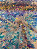 Pink Mesh/Clear Iridescent Jumbo Oval Sequins Fabric - Clear  Iridescent Oval Shape Teardrop Sequins Fabric By Yard