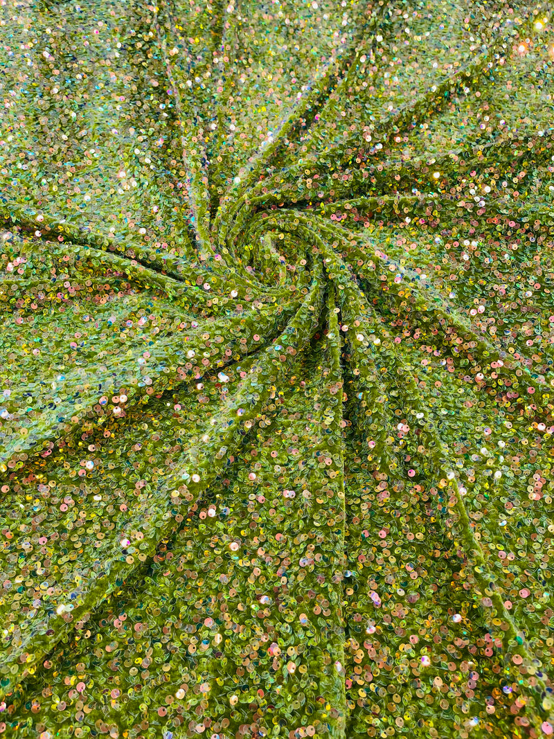 Iridescent Clear Sequins on Olive Stretch Velvet 2-way Stretch 58/60”By The Yard
