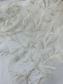 White Beads and Sequins Lace Fabric With Feathers by the yard, Fashion 3D Feather Lace Fabric With Beaded Fabric