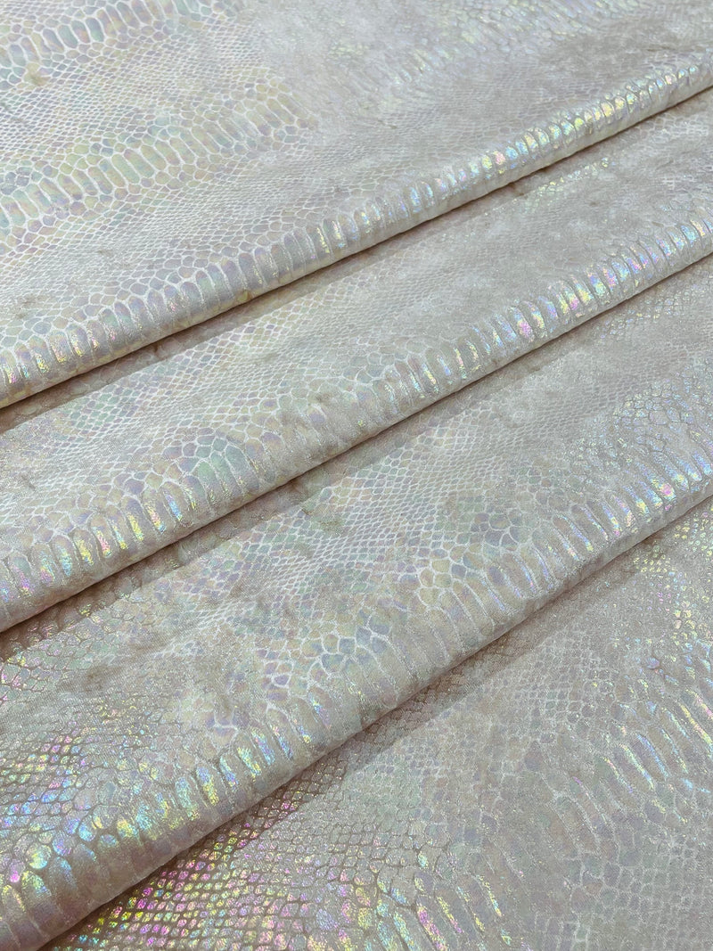 Champagne Iridescent Illusion Anaconda Foil Printed On Stretch Velvet - Sold By The Yard