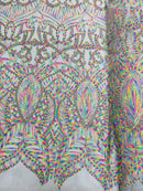 Multi Color Royalty Design Sequins Fabric on White Mesh 4 Way Stretch Sequins Fabric By Yard