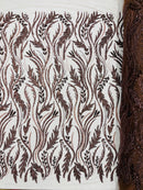 Brown Beaded Embroidered Fabric - Embroidered Heart and Feather Pattern Fabric Sold By Yard