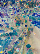 Jumbo Oval Sequins Fabric - Clear Iridescent - Iridescent Oval Shape Teardrop Sequins Fabric By Yard
