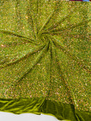 Iridescent Clear Sequins on Olive Stretch Velvet 2-way Stretch 58/60”By The Yard