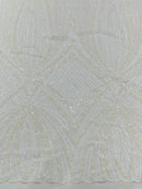 White Embroidery Beaded Fabric by Yard, Sequin on a Mesh with Floral Lace