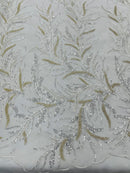 White Beads and Sequins Lace Fabric With Feathers by the yard, Fashion 3D Feather Lace Fabric With Beaded Fabric