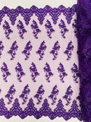 Purple Beaded Fabric, Floral Beads and Sequins Embroidered on a Mesh Sold By Yard