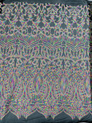 Multi Color Royalty Design Sequins Fabric on Black Mesh 4 Way Stretch Sequins Fabric By Yard