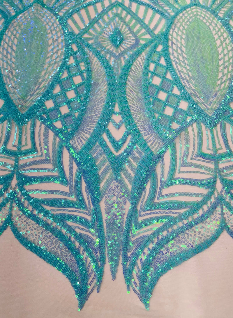 Mint Iridescent Sequin Fabric, Royalty Design Embroidered With Sequin on a 4 Way Stretch Sequin Fabric Mesh-Prom-Gown By The Yard