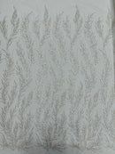 Off White Beaded Fabric by the yard, Bridal beaded, Damask Pattern With Beads and Sequin