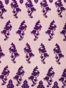 Purple Beaded Fabric, Floral Beads and Sequins Embroidered on a Mesh Sold By Yard