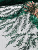 Hunter Green Beaded Fabric by the yard, Bridal beaded, Damask Pattern With Beads and Sequin