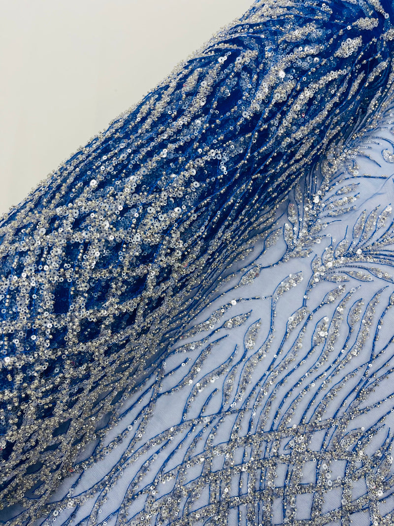 Beaded Embroidered Fabric -Royal Blue - Embroidered Heart and Feather Pattern Fabric By Yard