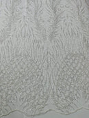 Beaded Embroidered Fabric - Crear White - Embroidered Heart and Feather Pattern Fabric By Yard