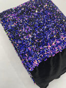 Purple Iridescent Sequin Fabric: Black Stretch Velvet (58/60" Wide)