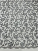 Corded Lace Flower Fabric - Silver - Floral Design Embroidered Sequins on Mesh Lace Fabric
