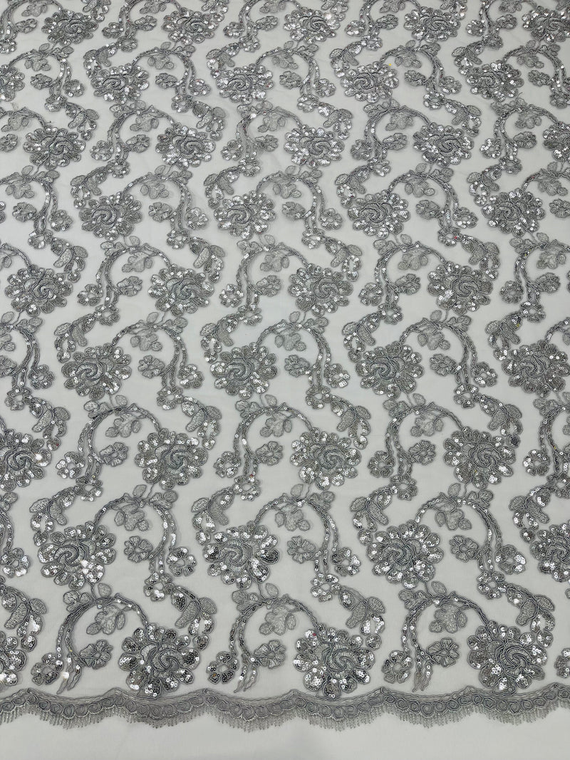 Corded Lace Flower Fabric - Silver - Floral Design Embroidered Sequins on Mesh Lace Fabric