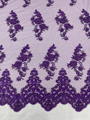 Purple Beaded Fabric, Floral Beads and Sequins Embroidered on a Mesh Sold By Yard