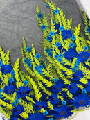 Royal Blue Sunflower Lace 3D Fabric - Black Mesh Sunflower Lace Design Sold By Yard