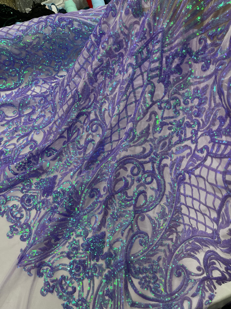 Lavender Iridescent Sequins - Lavender Damask Sequin Design on 4 Way Stretch Fabric By Yard