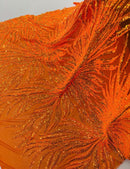 Feather Wings Sequins - Orange Iridescent - 4 Way Stretch Embroidered Sequin By Yard