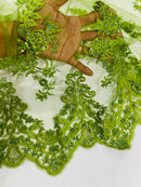 Olive Beaded Fabric - Floral Beads and Sequins Embroidered on a Mesh Sold By Yard