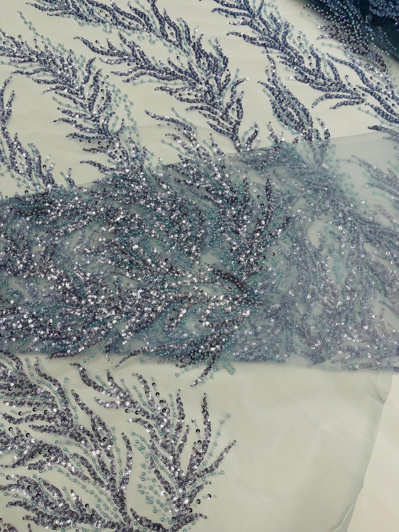 Baby Blue Beaded Fabric by the yard, Bridal beaded, Damask Pattern With Beads and Sequin