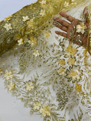 Flower 3D Glitter Fabric - Gold - Embroidered Floral Sequin Fabric by Yard