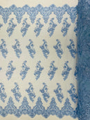 Baby Blue Beaded Fabric - Floral Beads and Sequins Embroidered on a Mesh Sold By Yard