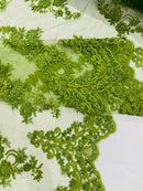 Olive Beaded Fabric - Floral Beads and Sequins Embroidered on a Mesh Sold By Yard