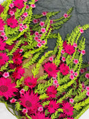 Fuchsia Sunflower Lace 3D Fabric - Black Mesh Sunflower Lace Design Sold By Yard