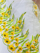 Yellow Sunflower Lace 3D Fabric - White Mesh Sunflower Lace Design Sold By Yard