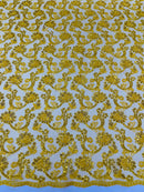 Corded Lace Flower Fabric - Yellow - Floral Design Embroidered Sequins on Mesh Lace Fabric