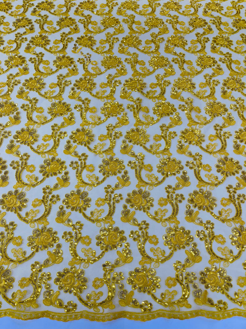 Corded Lace Flower Fabric - Yellow - Floral Design Embroidered Sequins on Mesh Lace Fabric