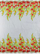 Red Sunflower Lace 3D Fabric - Black Mesh Sunflower Lace Design Sold By Yard