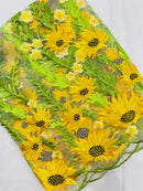 Yellow Sunflower Lace 3D Fabric - White Mesh Sunflower Lace Design Sold By Yard