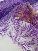 Lilac Beaded Fabric by the yard, Bridal beaded, Damask Pattern With Beads and Sequin